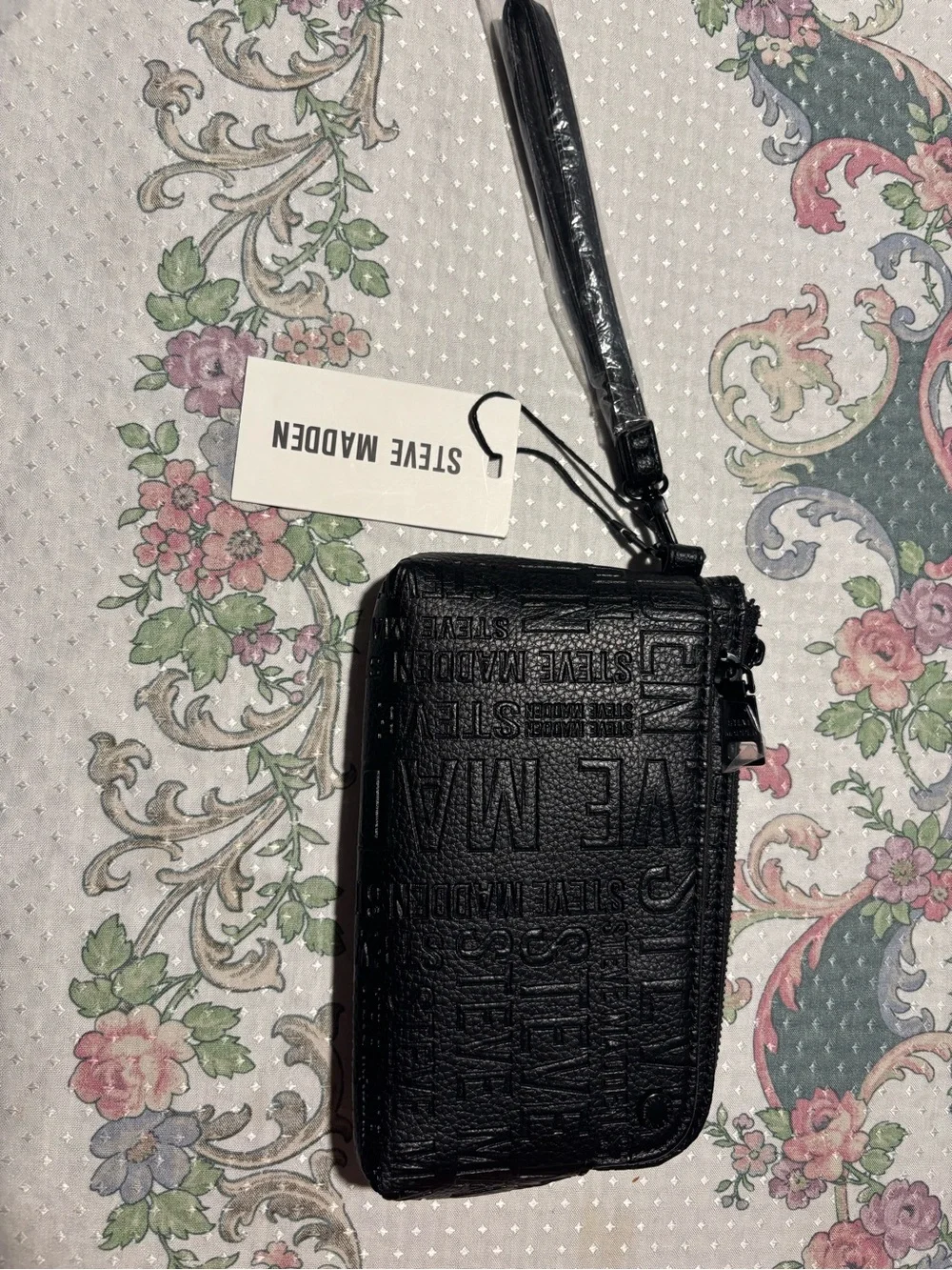Steve Madden Black Embossed Logo Zip Wallet